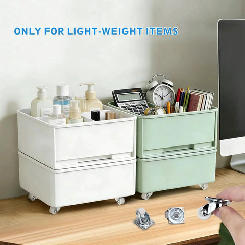 Drawer storage units on mini caster wheels, showcasing Eight Pack Mini Caster Wheels 0.6 Inch Low Profile Swivel Casters Non Marring Nylon Drawer Rollers Self Adhesive Plate Or Screw Mount Small Caster Wheels For Furniture Kitchen Appliances DIY Projects.