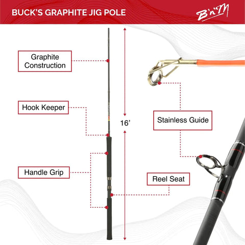 Graphite Jig Pole 16 Foot Three Sections Ultralight Durable Pole With DynaFlo Guides for Ice Fishing and Jigging High Performance