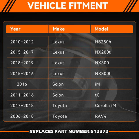 Vehicle fitment chart for Rear Wheel Bearing Hub Assembly 5 Lug With ABS Compatible With Toyota Corolla Im RAV4 Scion Tc NX NX300 NX300h And Lexus HS250h Replacement 512372 Left Or Right Solid Fit For Everyday Rides.