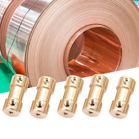 Front view: Amazon KANASI brass shaft couplers (2.3–4.0 mm) metal sleeve adapters, 5 pcs, displayed with copper coil.