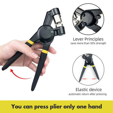 3/8 Inch Grommet Tool Kit Handheld Eyelet Press With Manual Grommet Press Machine in use, highlighting lever principles and elastic device.