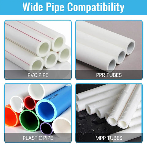 Different pipes including PVC, PPR, plastic, and MPP shown for use with Pro Grade Five Piece Pipe Threading And Extraction Kit.