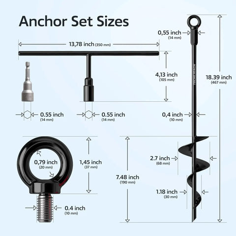 Heavy Duty 18 Inch Ground Anchors Set Of 4 Screw In Stakes with size dimensions, auger design, and included drill bit and wrench.