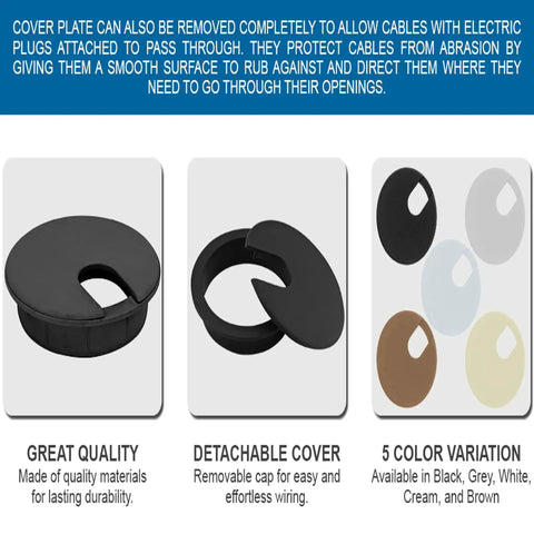 5 Pack Black Round Desk Cable Grommets 3 Inch 76mm Two Piece ABS Plastic Hole Cover with detachable design and color variations