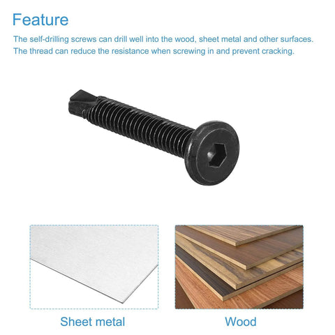 Self Drilling Hex Socket Screws 1/4 x 1-5/8 Inches, 410 Stainless Steel Flat Head Black Drilling Screws Built Tough For Metal And Wood, Corrosion Resistant Fasteners, 50-Pack shown with sheet metal and wood materials.