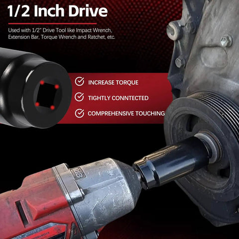 22mm Harmonic Balancer Socket Tool With Deep Counterweighted Design used with power drill on engine pulley