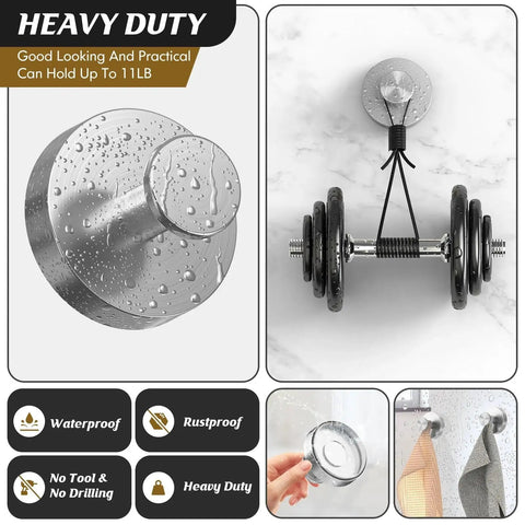 Removable Suction Cup Hooks For Shower And Bathroom Wall showing stainless steel design holding weight, close-up of hook with water droplets