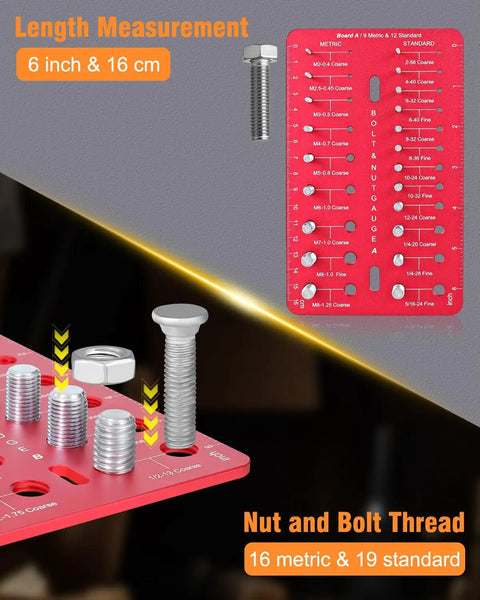 Ultimate Nut And Bolt Thread Checker With 35 Size Gauge 16 Metric And 25 Standard Sizes Pro Grade Bolt Size Finder And Thread Gauge With Inch And Centimeter Ruler For Quick Fit close-up showing metric and standard thread measurements on red gauge.