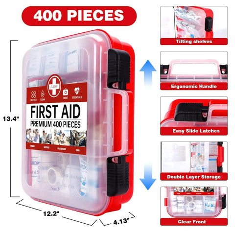 All Purpose 400 Piece First Aid Kit With Dual Layer Wall Mount Organizer showing size and features.