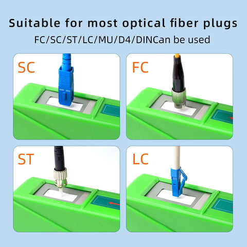 Cruiser optical fiber connector cleaner cassette for SC; green handheld device with blue SC plug.
Cruiser optical fiber connector cleaner cassette for FC; green device with metal FC connector.
Cruiser optical fiber connector cleaner cassette for ST; green device with silver ST connector.
Cruiser optical fiber connector cleaner cassette for LC; green device with blue LC plug.