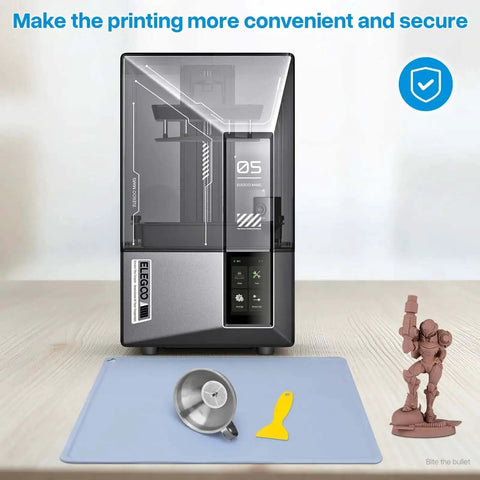 Silicone Resin Printing Mat 400x300mm 2.8mm Thick For LCD 3D Printers shown with tools and a printed figure