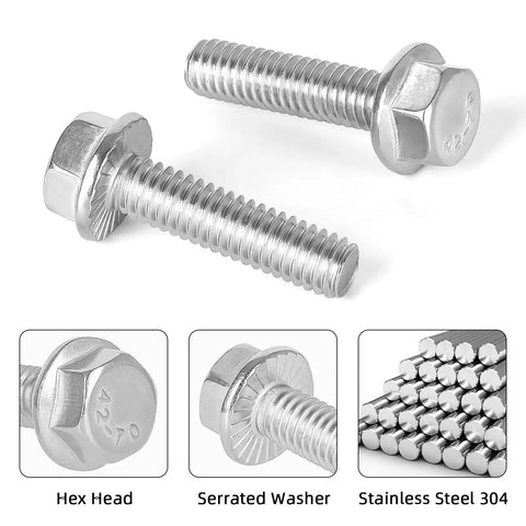 Heavy Duty 1/4-20 X 1 Inch Flanged Hex Head Bolts Set Of 25, Stainless Steel 304, plain finish, full thread, flange washer head, silver