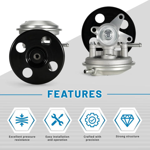 Aumzong vacuum pump with pulley; metal body and black pulley, shown in front and side views for Isuzu NPR engines.