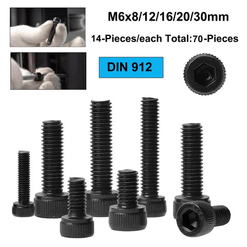 Pro Grade 70 Piece 12.9 Alloy Steel Hex Socket Head Cap Screws Set M6 With 8, 12, 16, 20, 30 Mm Lengths, Allen Head Hex Drive