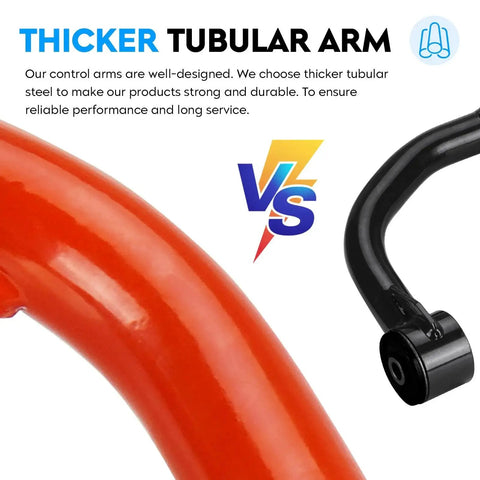 Orange tubular front upper control arm with black bushing end for suspension lift kit (2 pcs)