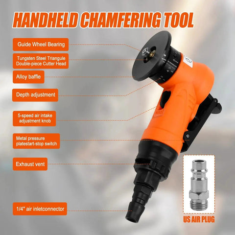 2 In 1 Mini Pneumatic Chamfering Tool For Right Angles And Round Corners, 30000 RPM Handheld Beveling Deburring Machine With One Quarter Inch Air Inlet, Lightweight Portable Orange