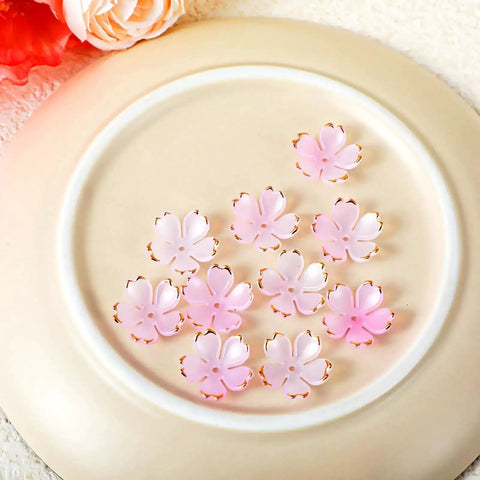 100 Pcs Cherry Blossom Acrylic Flower Beads For Jewelry Making And Bracelet Charms, Pink Gradient With Gold Edge Mini Spacer Beads