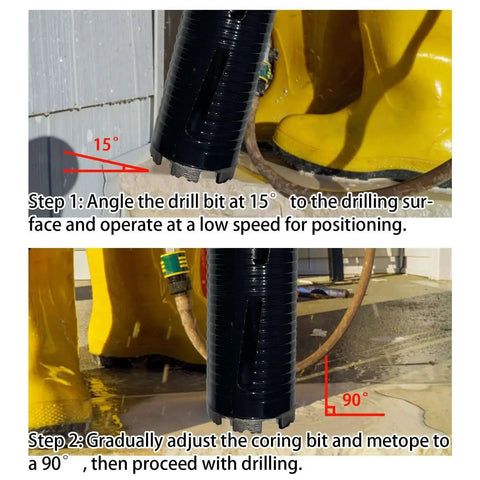 Two Inch Diamond Core Drill Bit Set For Concrete And Masonry With Ten Inch Drilling Depth Laser Welded Core Bit For Rebar Brick Block Dry Core Bits For Pros Includes Two Five Eighth Eleven Thread Adapters shown at different angles with yellow boots