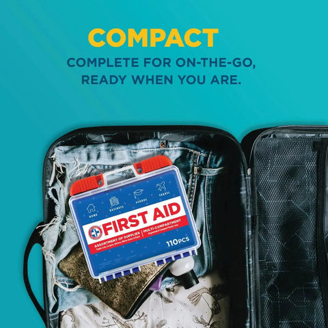 Compact Grab And Go 110 Piece First Aid Kit For Home Office Car Travel Outdoor Sports And School shown in an open suitcase, ready to use.