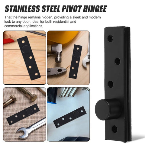 Hidden Wood Door Pivot Hinge Stainless Steel Full Rotation Heavy Duty Invisible Door Hardware Matte Black Finish displayed in various views
