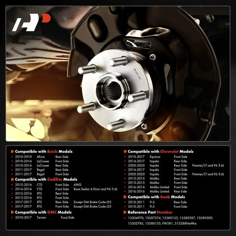 Close-up of a 5-lug wheel bearing hub assembly with bolts installed on a vehicle, compatible with Chevrolet GMC Buick Cadillac Saab models