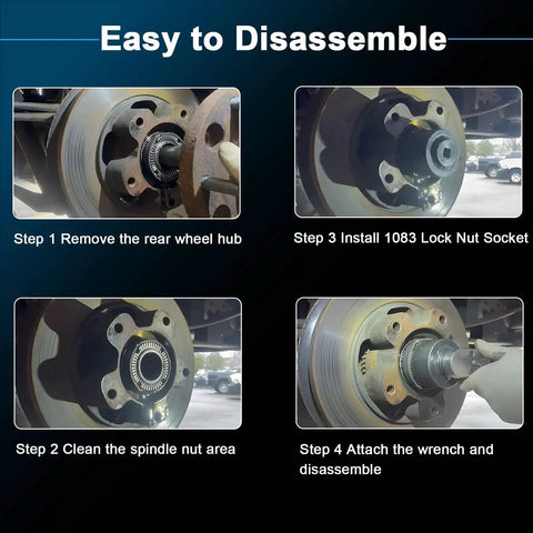 Steps to use 1083 Rear Axle Hub Bearing Spindle Lock Nut Socket Wrench Removal Tool For Transit, including disassembly and installation.