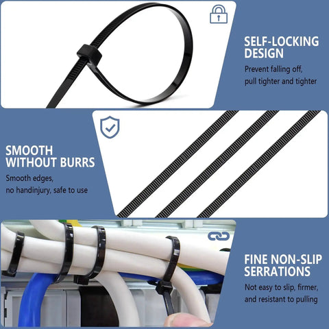 8 Inch Heavy Duty Zip Ties 200 Pack Black Nylon Cable Ties With 50 Lbs Strength Industrial Grade Wire Wraps For Garage And Workshop Built To Take A Beating Heat And Cold Resistant Durable Fixes For Cables Tools And Projects shown in use on cables and pipes, highlighting self-locking design, smooth edges, and non-slip serrations.