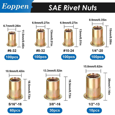 Rivet Nuts Set 1000Pcs SAE And Metric Nutserts With 14 Sizes Including 6-32 8-32 10-24 1/4-20 Zinc Plated Carbon Steel Display