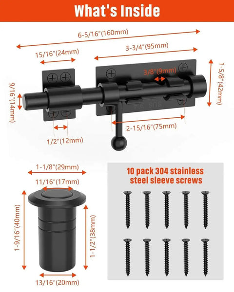 Diagram of Heavy Duty Slide Bolt Gate Latch For Wooden Fence And Barn Doors 6.3 Inch 304 Stainless Steel with dimensions and screws included