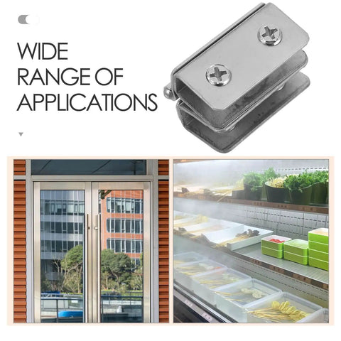 Two Pack Small Stainless Steel Glass Door Hinges With Adjustable Thickness For Cabinets And Wine Displays, heavy duty.
