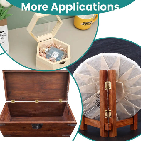 Mini Solid Brass Hinges With Screws Set For Wooden Boxes And Jewelry Cases, installed on various wooden craft projects