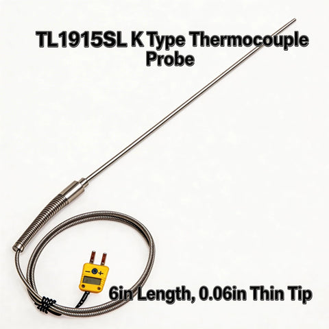 TL1915SL K-type thermocouple probe, 6in length with 0.06in tip, braided stainless sheath, 40in cable and yellow digital readout