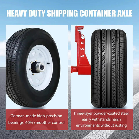 Two Pack Shipping Container Wheels With Eight Lug Configuration And Axle Ratchet Tie Down System for moving empty containers