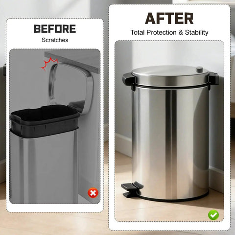 Comparison before and after using Six Pack Adhesive Wall Guard Bumpers For Trash Cans Round And Square Grey showing protection and stability.