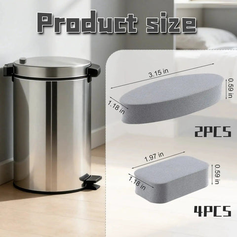 Product dimensions of Six Pack Adhesive Wall Guard Bumpers For Trash Cans Round And Square Grey with a trash can in background.