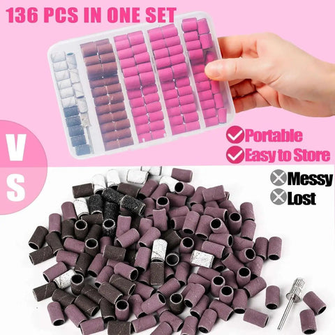 An assortment of 135 PCS Pro Nail Drill Sanding Bands Set in mixed grits with organized storage and loose bands displayed.