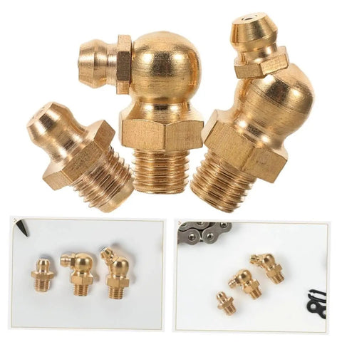 Heavy Duty 9pcs Grease Fitting Kit With Copper Nipples For Automotive And Excavator Maintenance, Straight And Angled Nozzles For Easy Quick Replacement, Durable Build, Broad Compatibility, Your Go To Solution For Effortless Installation, showing copper grease fittings with straight and angled nozzles.