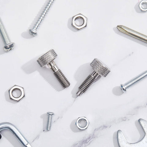 Retractable Spring Plunger With Knurled Handle M6 Quick Release Pins, 0.500 Inch Thread Length, silver, shown with tools