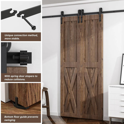Six Foot Sliding Barn Door Hardware Kit For Double Doors With Smooth Quiet Track System Heavy Duty Carbon Steel Construction Supports Up To 330 Lbs Fits Doors From 1.18 To 1.96 Inches Thick 18 Inch Wide Doors J Shape Hangers installed on wooden doors