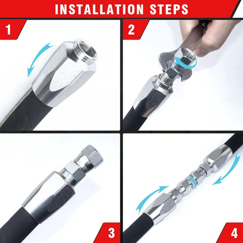 PIKWO hydraulic hose field repair kit, 1/4 in ID, reusable, 2-pack; step-by-step installation collage