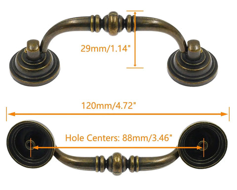 Diagram of 8Pcs Bail Drawer Handles Set Center To Center 3.5 Inch Hole Spacing Bronze Antique Drop Pulls with dimensions.