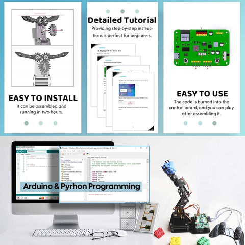 SIYEENOVE ESP32 4DOF robot arm kit on desk with joystick/web app control; Arduino/Python coding on monitor.