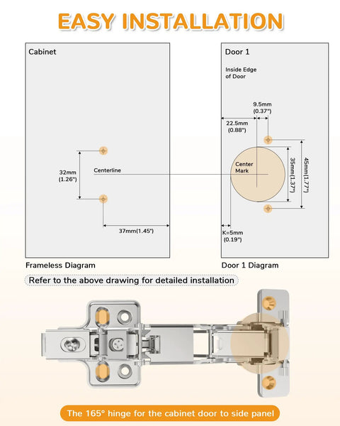 Installation diagram for 165 Degree Soft Close Corner Cabinet Hinges For Frameless Kitchens with measurements.