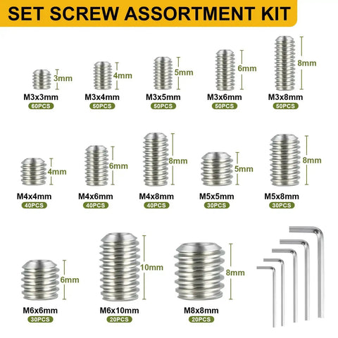 Headless Set Screw Kit 510 Piece 13 Size Metric M3 M4 M5 M6 M8 Stainless Steel 304 Socket Cup Point Screws