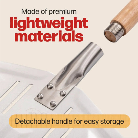 Close-up of Pizza Peel Pro For XL Pizzas Perforated Nonstick Paddle with detachable handle and lightweight materials.