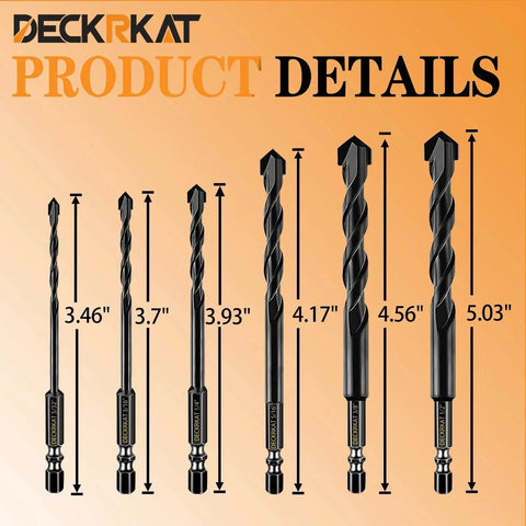 Beefy 6-Piece Masonry Drill Bit Set for Concrete, Brick, and Tile, carbide tipped with quick change 1/4 inch hex shank.