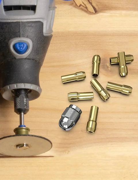 Built Tough Brass Collet Set For Rotary Tools, 10 Piece Quick Change Nut Kit for 4485 Style on wooden surface with cutting tool