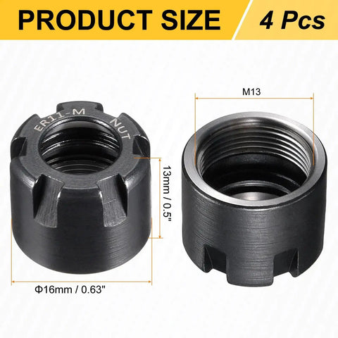 4 Piece ER11M Collet Clamping Nuts For CNC Milling Chuck Holder Lathe ER20M Type Cast Steel Replacement Set, product size display