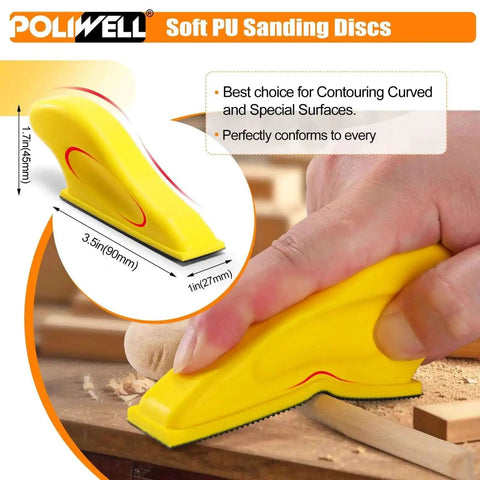 Hand using a yellow sanding block from the 120 Pcs Micro Detail Sandpaper Kit With Storage Box 3.5 Inch By 1 Inch Hand Sanding Block 3 In 1 Sand Paper Set 80 120 240 400 600 Grit For Wood Plastic And Metal In Tight Narrow Spaces Perfect For DIY on wood surface.