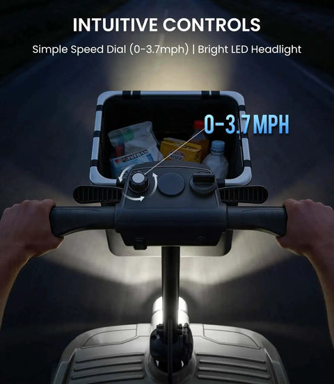 Go-To Long Range Folding Mobility Scooter For Seniors And Adults, handlebars with speed dial and LED headlight, night ride.
